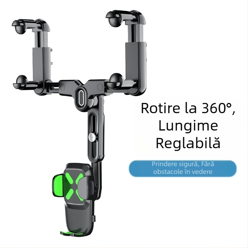 Suport pentru oglinda retrovizoare auto cu braț retractabil pentru telefon, ABS, model R004, pentru Apple, Huawei și Xiaomi