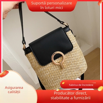 Geantă crossbody pentru femei – simplitate urbană, din paie, formă rotundă, închidere cu lacăt, buzunar interior pentru telefon