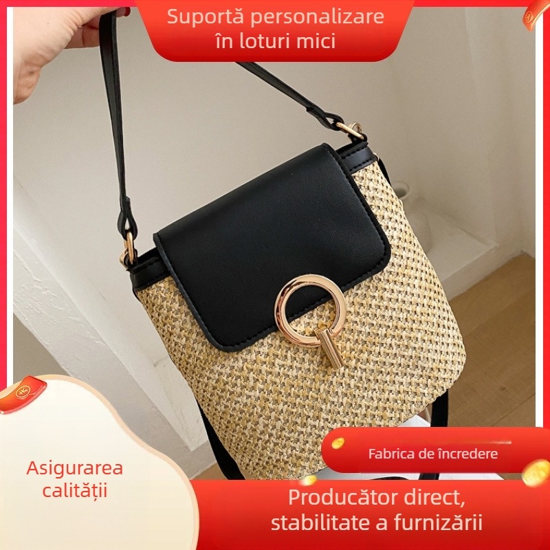 Geantă crossbody pentru femei – simplitate urbană, din paie, formă rotundă, închidere cu lacăt, buzunar interior pentru telefon