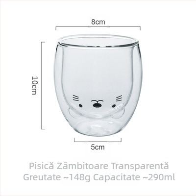 Ceașcă din sticlă borosilicată cu dublu perete, design cu urs și rață desen animat, fără mâner, pentru băuturi fierbinți