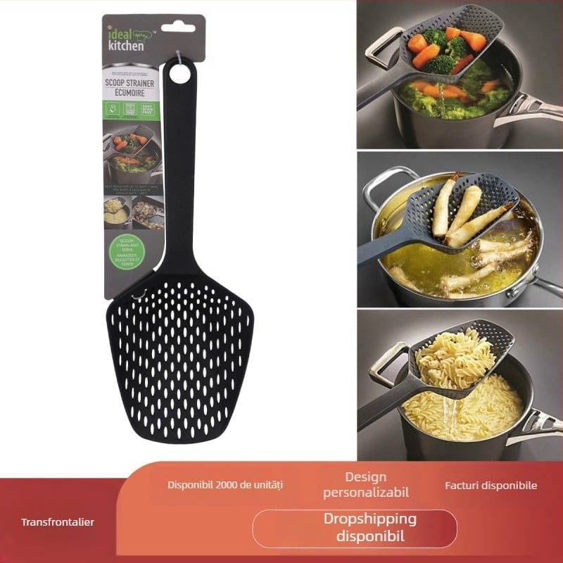 Colander din nylon cu mâner lung, lingură-tip filtru de apă pentru gătitul de dumplings și paste, anti-stropire, multifuncțional