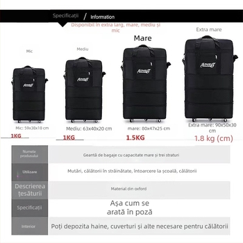 Geantă de bagaje pliabilă cu roți universale, 1,6 kg, țesătură Oxford, impermeabilă și extensibilă, pentru călătorii de afaceri
