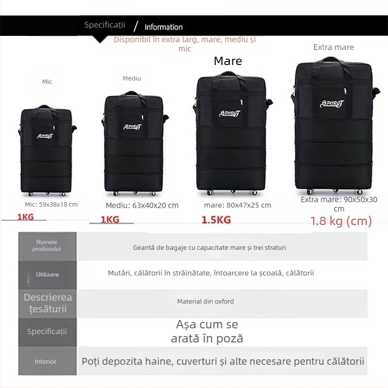 Geantă de bagaje pliabilă cu roți universale, 1,6 kg, țesătură Oxford, impermeabilă și extensibilă, pentru călătorii de afaceri