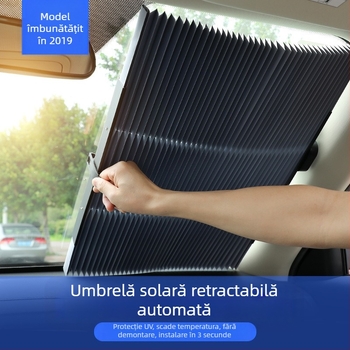 Protecție solară auto cu perdea retractabilă, montaj cu ventuze, folie de aluminiu, greutate 0,6 kg, posibilitate imprimare logo