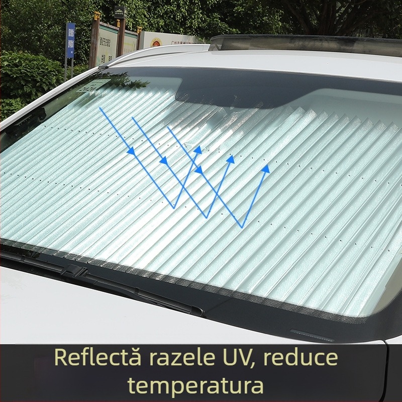 Protecție solară auto cu perdea retractabilă, montaj cu ventuze, folie de aluminiu, greutate 0,6 kg, posibilitate imprimare logo