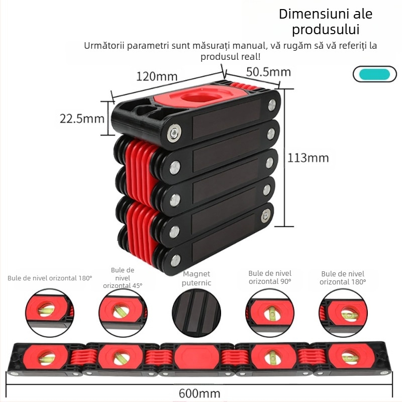 Nivelă pliabilă de înaltă precizie pentru tâmplărie, riglă magnetică de unghiuri, instrument de măsurare multifuncțional