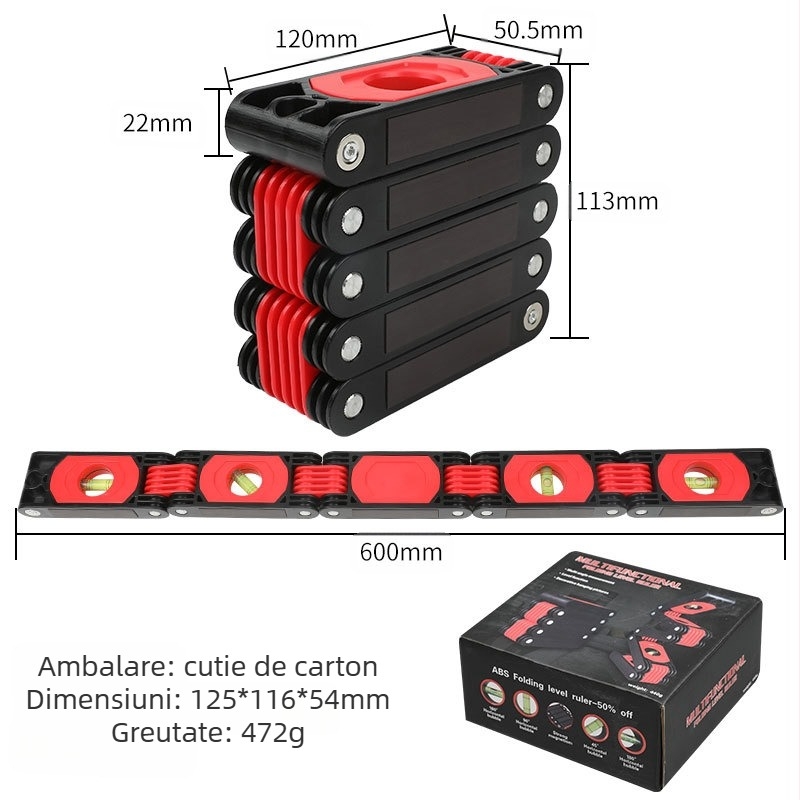 Nivelă pliabilă de înaltă precizie pentru tâmplărie, riglă magnetică de unghiuri, instrument de măsurare multifuncțional