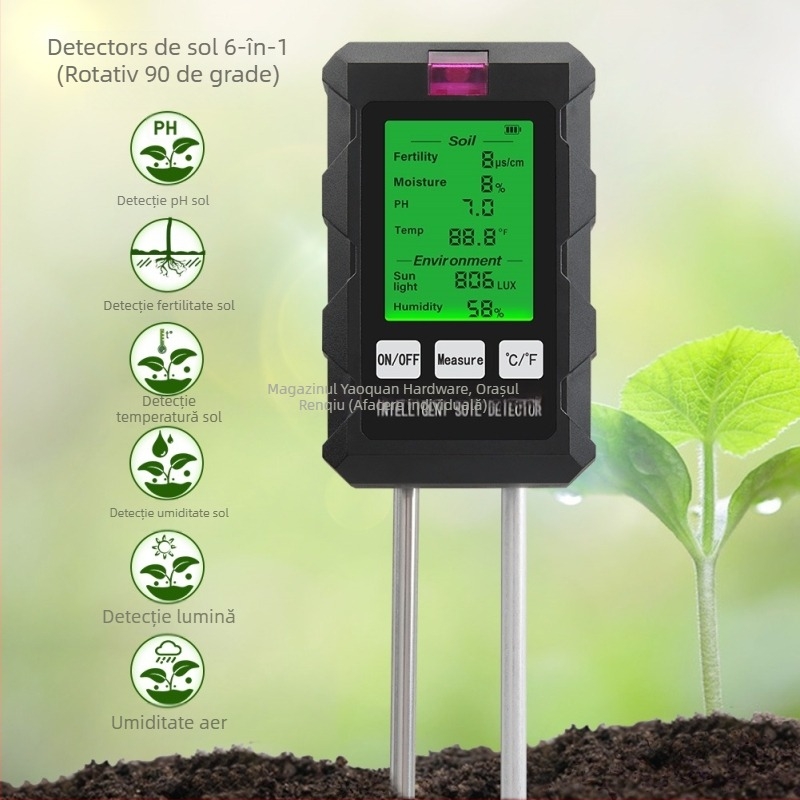 Tester de sol 6 în 1 cu măsurare pH, umiditate, iluminare și fertilitate | Model THE01879, Cod produs 1000509934