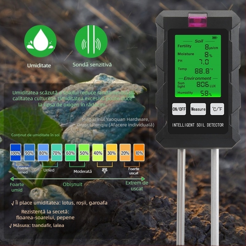 Tester de sol 6 în 1 cu măsurare pH, umiditate, iluminare și fertilitate | Model THE01879, Cod produs 1000509934