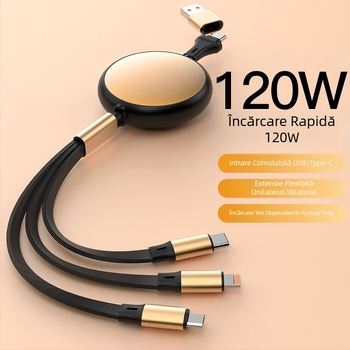 Cablu retractabil din aluminiu, 5 în 1, pentru încărcare și transfer de date, cu interfețe Lightning și USB-C, 120W max, conectoare în ramificații de la două la trei