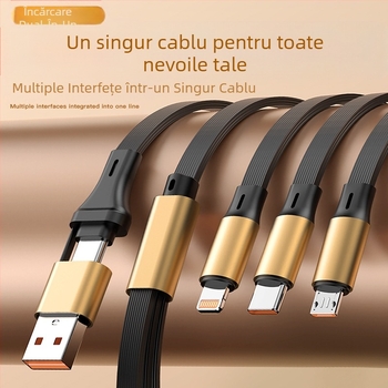 Cablu retractabil din aluminiu, 5 în 1, pentru încărcare și transfer de date, cu interfețe Lightning și USB-C, 120W max, conectoare în ramificații de la două la trei