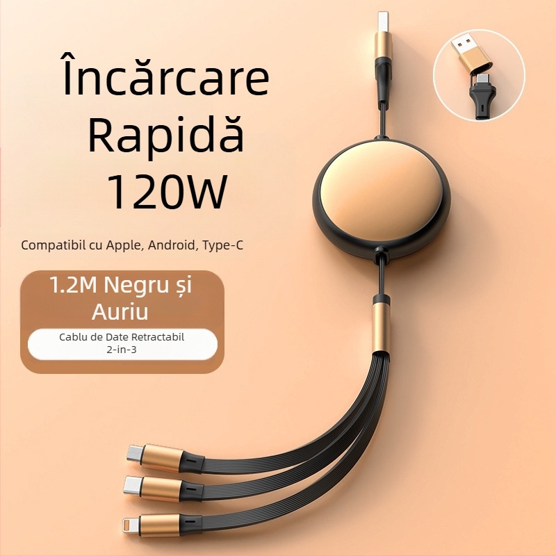 Cablu retractabil din aluminiu, 5 în 1, pentru încărcare și transfer de date, cu interfețe Lightning și USB-C, 120W max, conectoare în ramificații de la două la trei