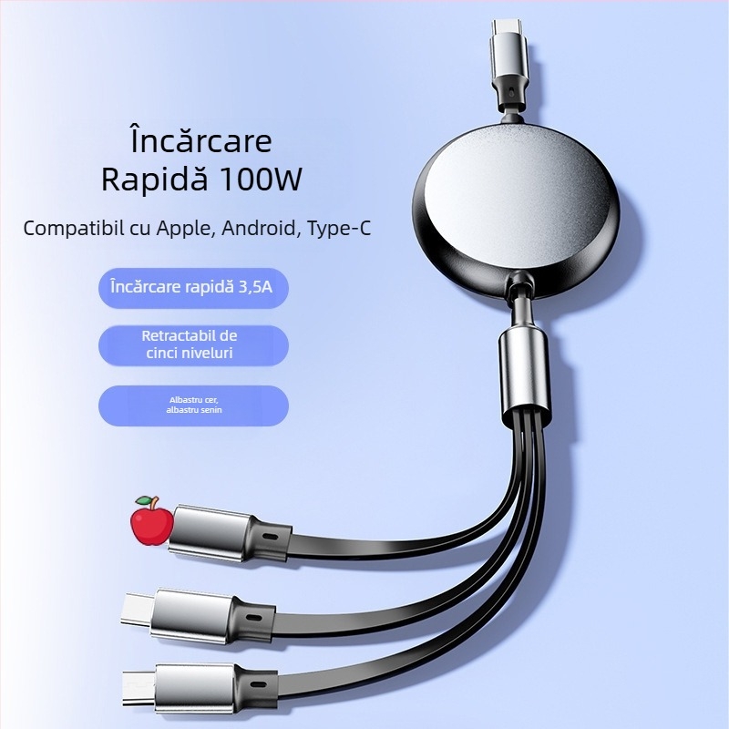 Cablu retractabil din aluminiu, 5 în 1, pentru încărcare și transfer de date, cu interfețe Lightning și USB-C, 120W max, conectoare în ramificații de la două la trei