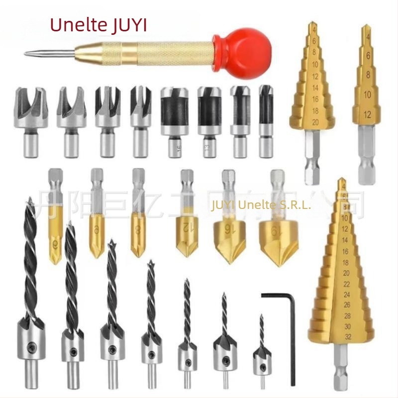 Set de 26 bucăți burghie pentru lemn: burghiu pagoda, centru punch, burghiu lemn cu trei vârfuri