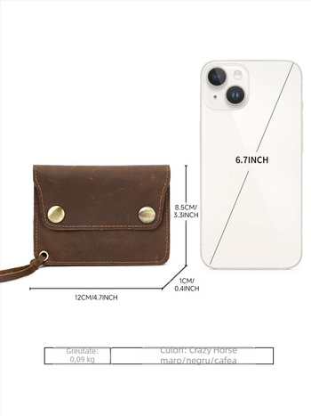 Portofel pentru monede din piele naturală, piele de vițel de prim strat, culoare solidă, unisex, căptușeală poliester