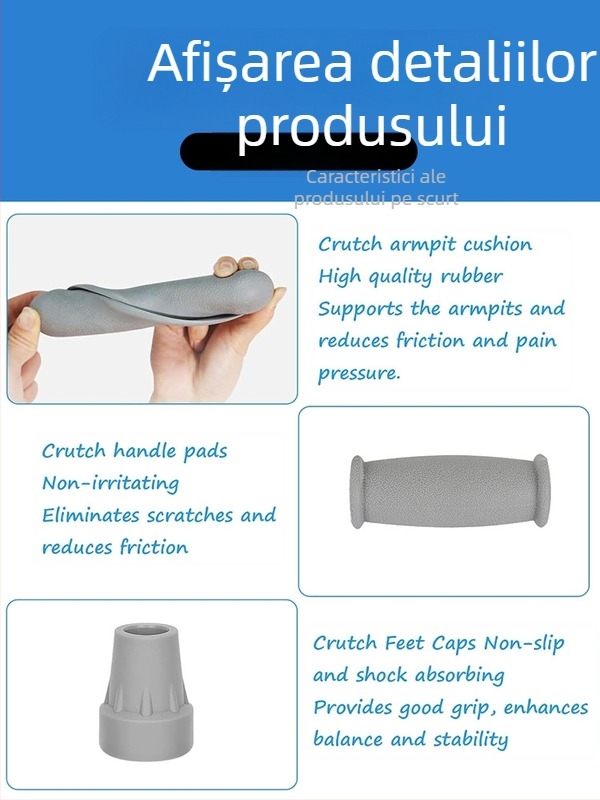 Accesorii pentru cărje, set de 3 piese cu pernă pentru subsuori, capac pentru picior și protecție antiderapantă