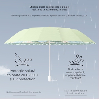 Umbrelă pliantă pentru femei, 16 brațe, pentru soare și ploaie, protecție UV
