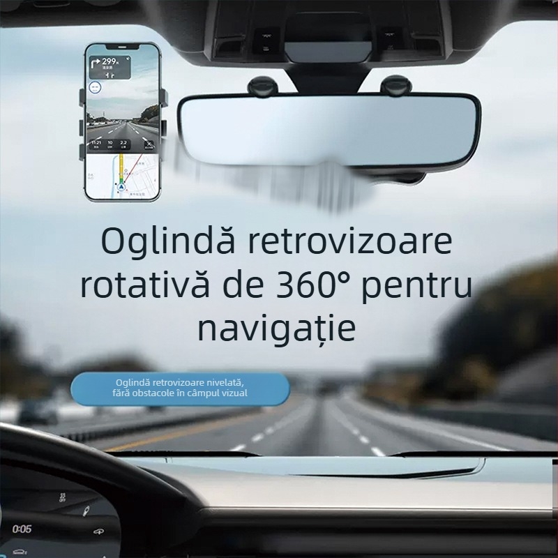 Suport extensibil pentru telefon auto, pentru oglinda retrovizoare, braț rotativ, montaj snap-on, AR navigație și înregistrare traseu