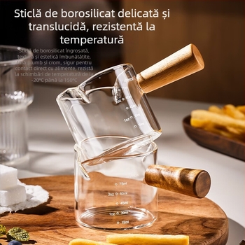 Ceșuță de espresso cu corp din sticlă și scară de măsurare, mâner din lemn – stil modern și simplu, ceșuță de cafea cu logo imprimat