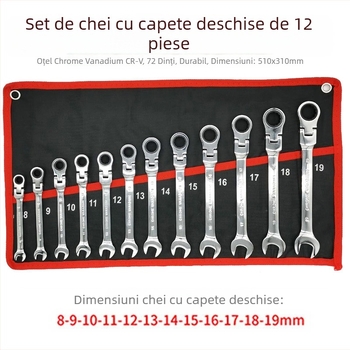 Set de chei cu cap mobil, 12 piese, finisaj cromat, oțel crom-vanadiu, mecanism 72 dinți