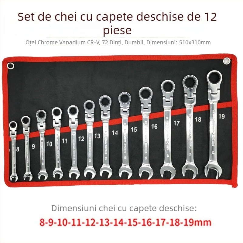 Set de chei cu cap mobil, 12 piese, finisaj cromat, oțel crom-vanadiu, mecanism 72 dinți
