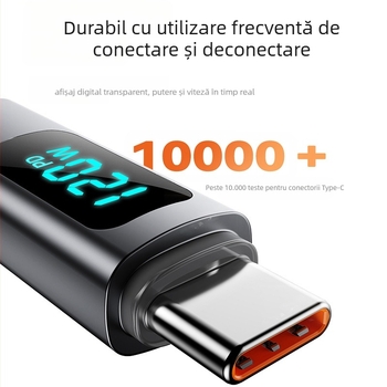 Cablu USB-C pentru încărcare rapidă cu afișaj digital, interfață Type-C, 120W, cablu împletit, conector Type-C unic