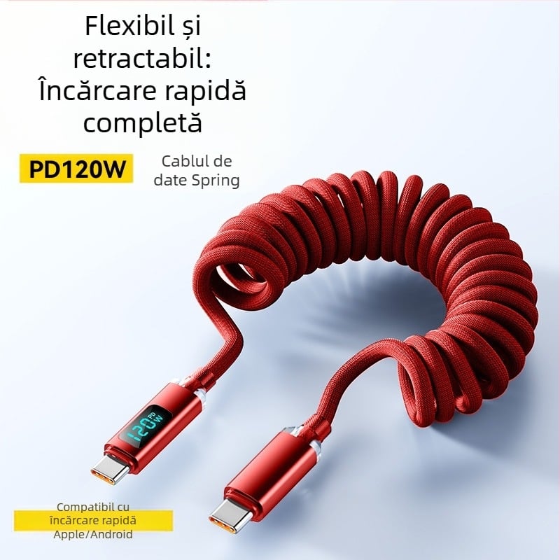 Cablu USB-C pentru încărcare rapidă cu afișaj digital, interfață Type-C, 120W, cablu împletit, conector Type-C unic