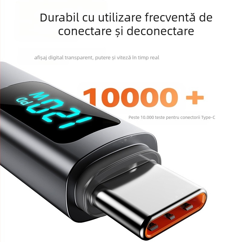 Cablu USB-C pentru încărcare rapidă cu afișaj digital, interfață Type-C, 120W, cablu împletit, conector Type-C unic