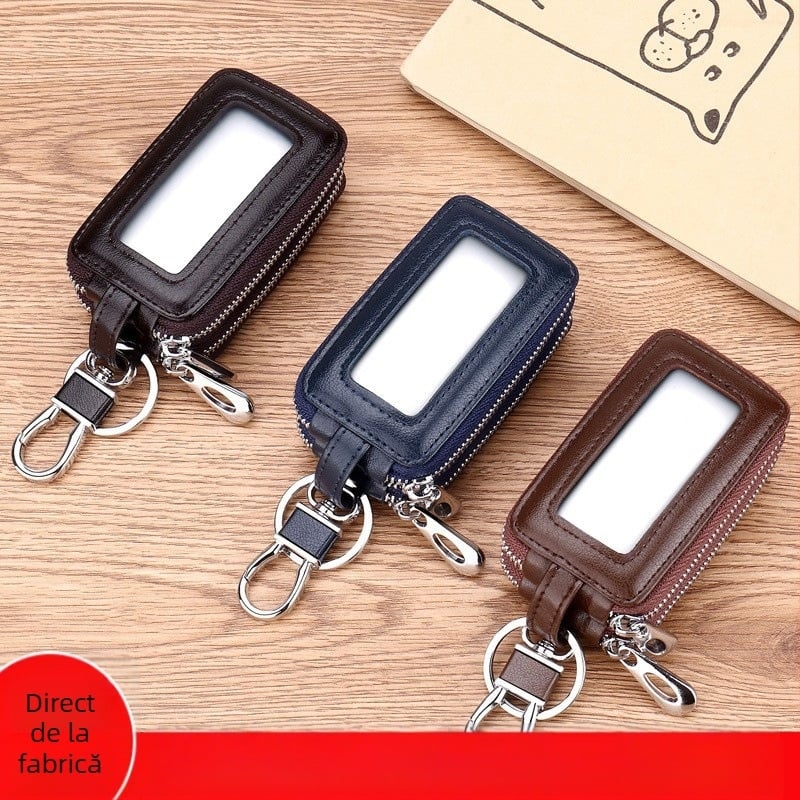 Geantă pentru chei - PU piele, fermoar dublu, capacitate mare, unisex, protecție împotriva furtului, căptușeală din piele naturală