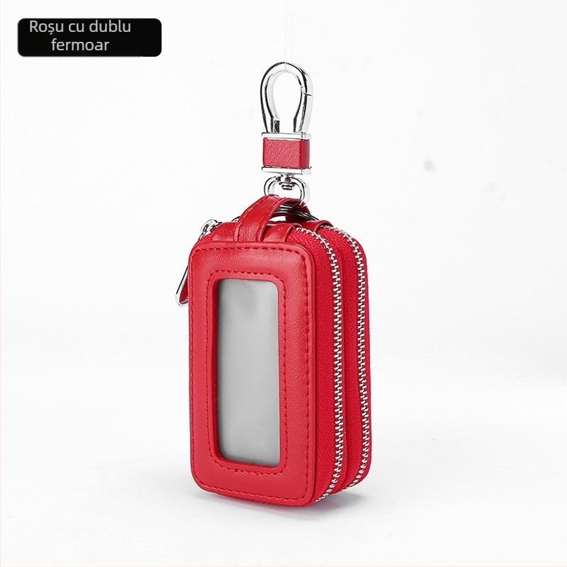 Geantă pentru chei - PU piele, fermoar dublu, capacitate mare, unisex, protecție împotriva furtului, căptușeală din piele naturală