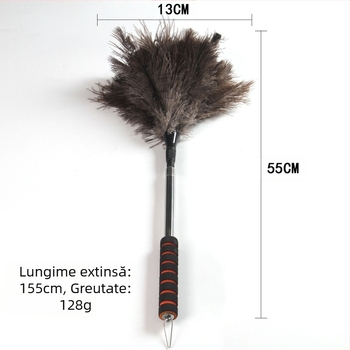 Curățitor de praf cu pene de struț, cap plat, tijă telescopică din oțel inoxidabil și mâner din lemn