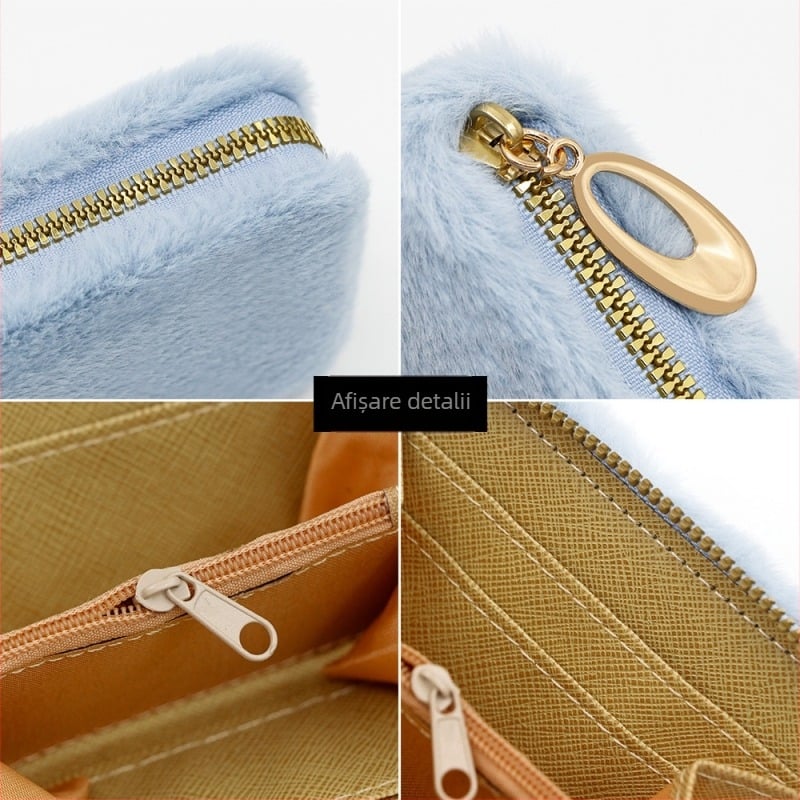 Portofel monede pătrat din catifea, cu buzunar pentru carduri și buzunar pentru căști, material catifea poliester, căptușeală PU, ultra ușor, utilizare zilnică