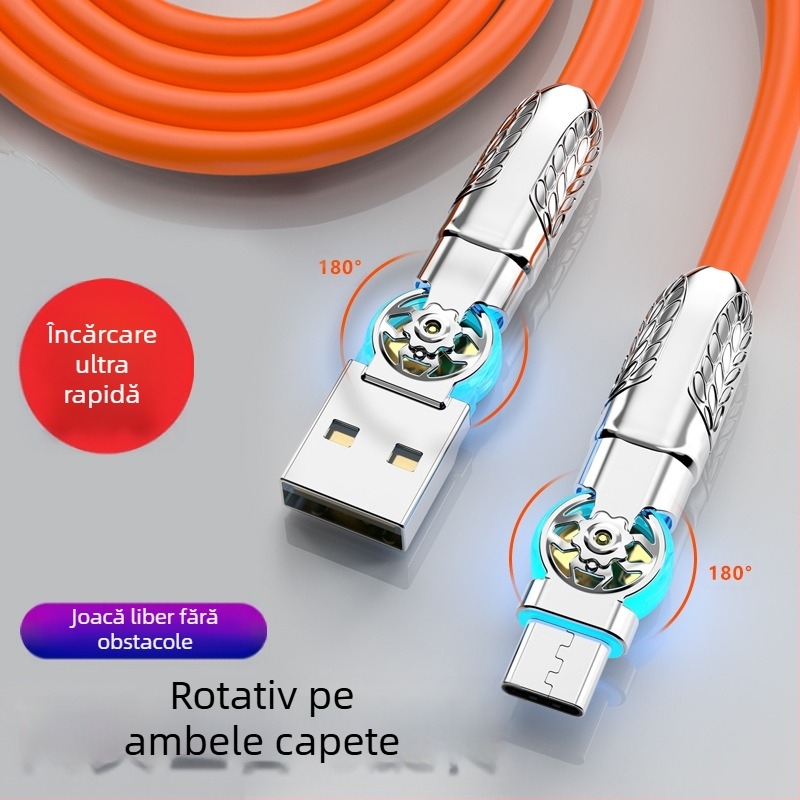 Cablu rotativ cu LED, cu interfețe multiple: Type-C / Lightning / Micro USB; din silicon; încărcare rapidă; putere maximă 120