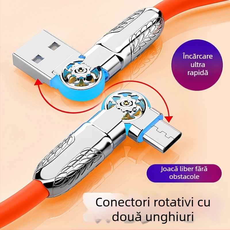 Cablu rotativ cu LED, cu interfețe multiple: Type-C / Lightning / Micro USB; din silicon; încărcare rapidă; putere maximă 120