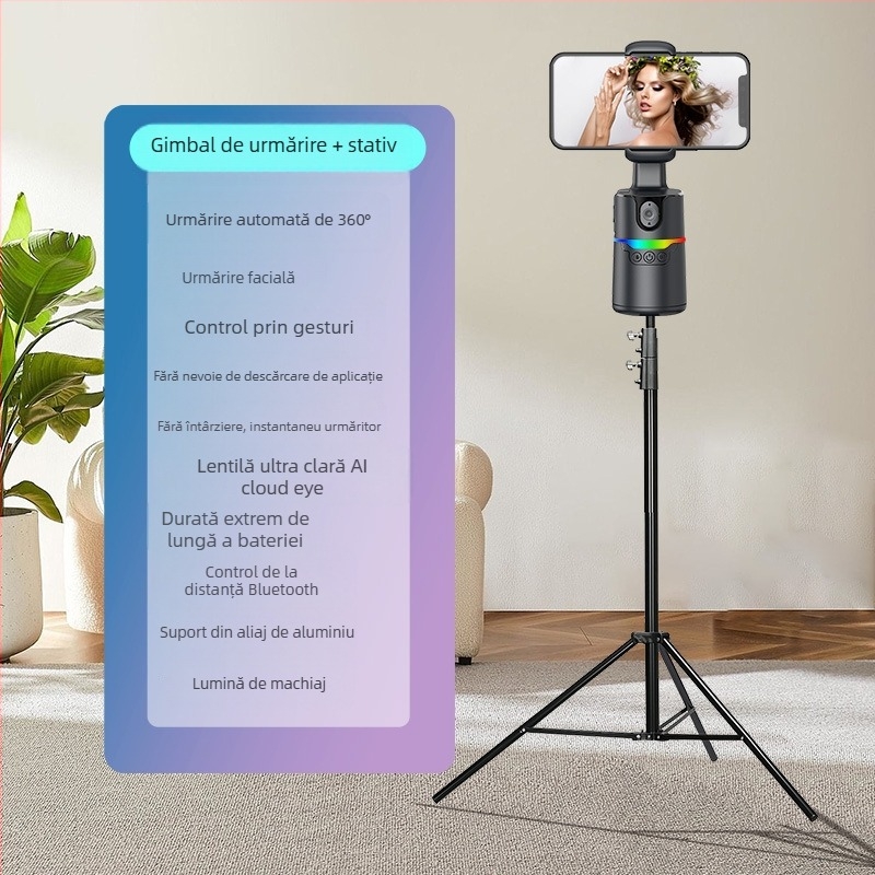 Gimbal pentru telefon cu AI urmărire automată, 360° panoramă și înclinare, 220 g, stabilizator pentru vlog interior/exterior