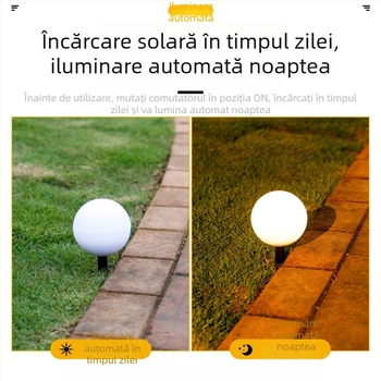Lampa sferică solară pentru grădină – LED, 5W, autonomie 6–12 ore, rezistentă la ploi, întrerupător manual