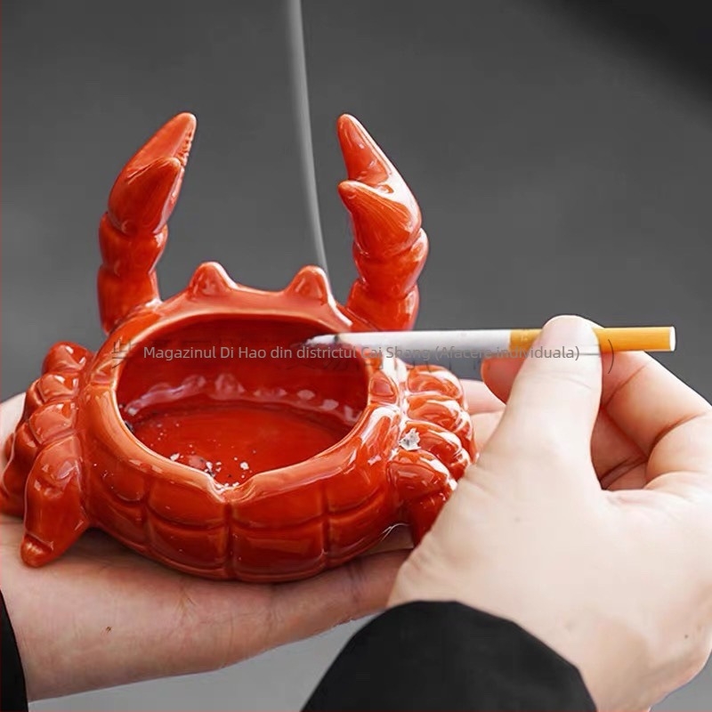 Cenicieră ceramică în formă de crab cu capac, decor tea-pet pentru birou și casă, stil chinezesc