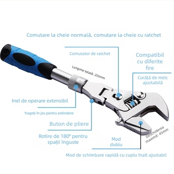 Cheie reglabilă cu cap pliabil, clichet și mecanism telescopic | MF, oțel 45#