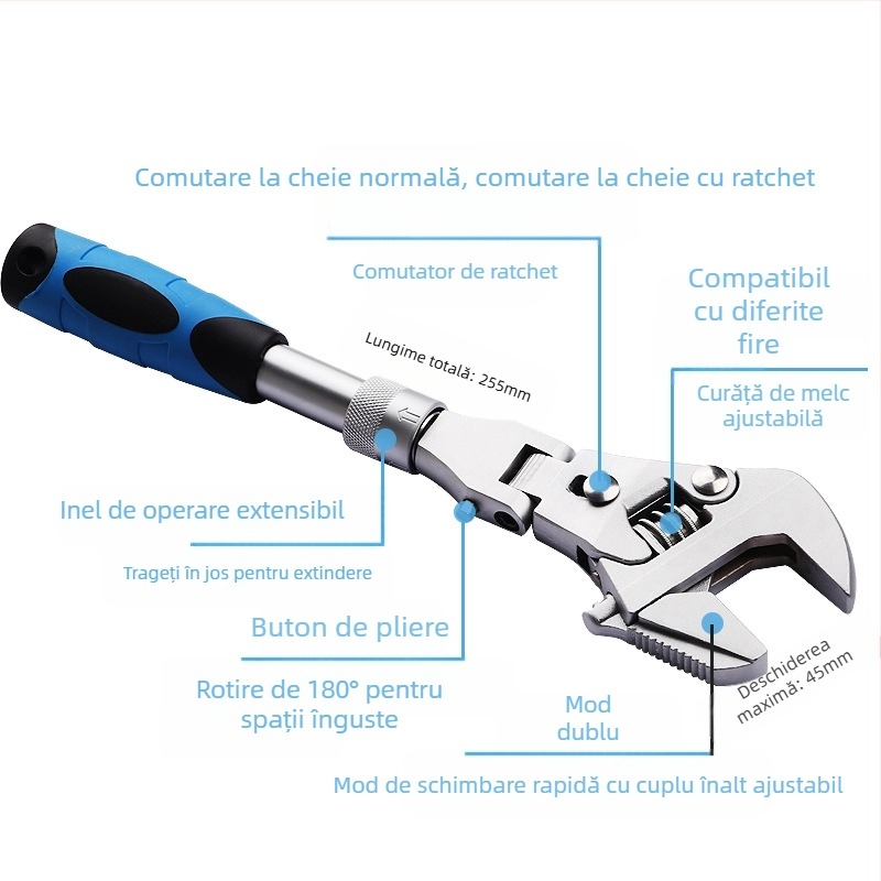 Cheie reglabilă cu cap pliabil, clichet și mecanism telescopic | MF, oțel 45#
