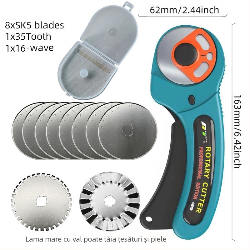 Cuțit rotativ pentru covoare FT-145, lamă din oțel carbon 45x8mm, retractabil, schimbare lamă prin buton