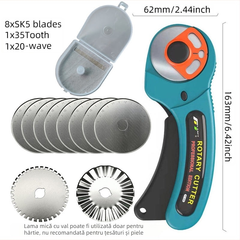 Cuțit rotativ pentru covoare FT-145, lamă din oțel carbon 45x8mm, retractabil, schimbare lamă prin buton