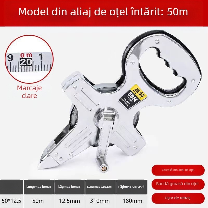 Bandă metrică cu cadru din oțel inox, pentru măsurări pe șantier, cu atașament la rack