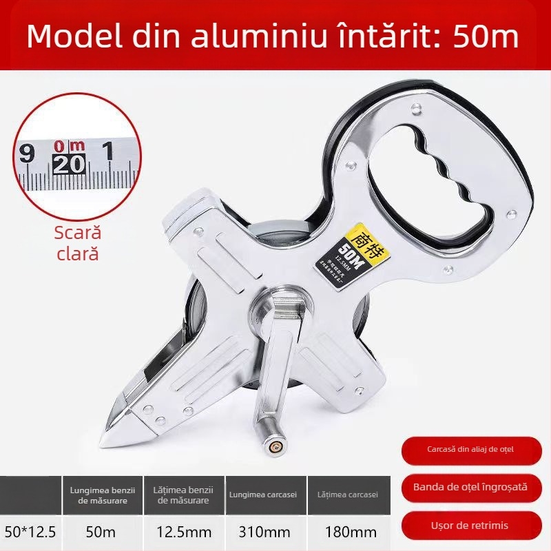 Bandă metrică cu cadru din oțel inox, pentru măsurări pe șantier, cu atașament la rack