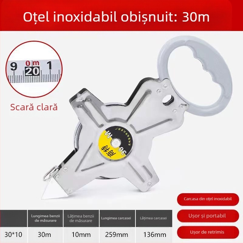 Bandă metrică cu cadru din oțel inox, pentru măsurări pe șantier, cu atașament la rack