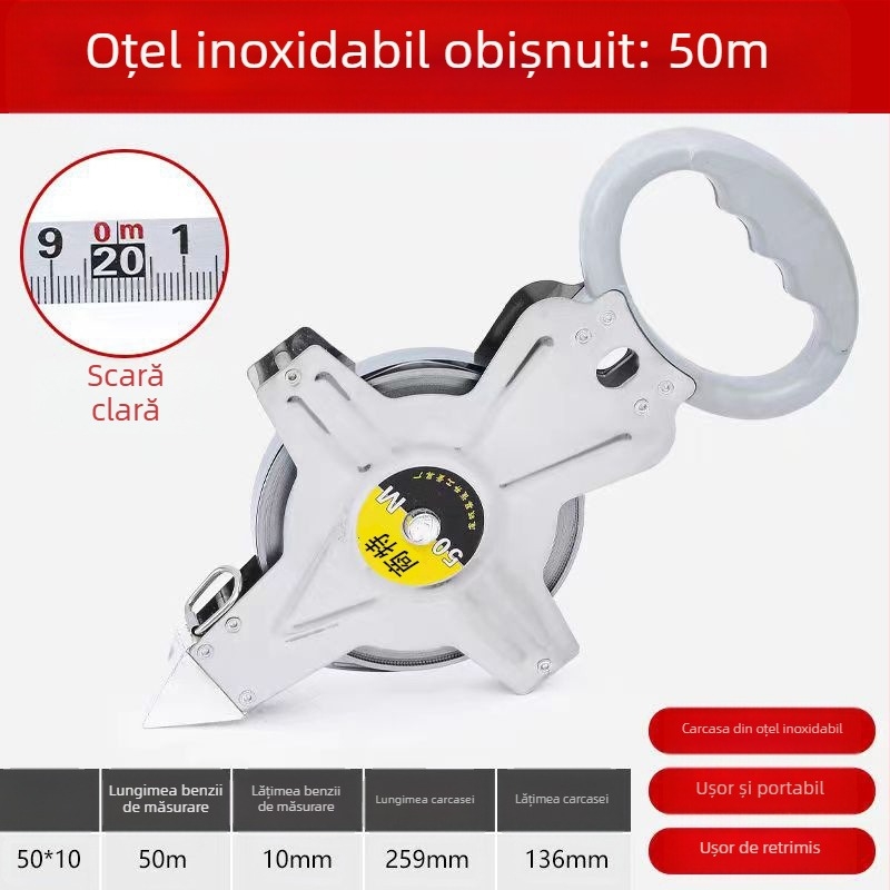 Bandă metrică cu cadru din oțel inox, pentru măsurări pe șantier, cu atașament la rack