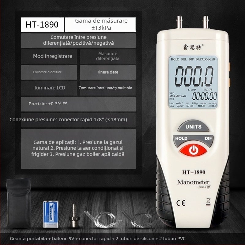 Xinsite HT-1890 Manometru diferențial, Digital micro-diferențial, pentru reparații auto, manometru vacuum