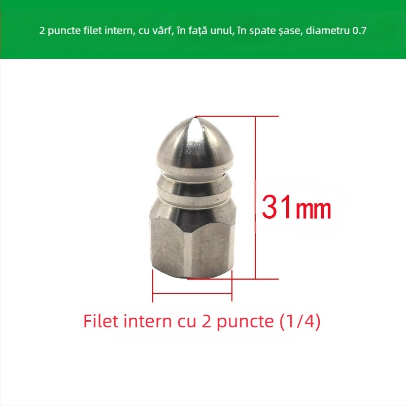 Duza din oțel inoxidabil pentru curățarea conductelor de canalizare, filet interior, 6 găuri, cap de spălare ascuțit