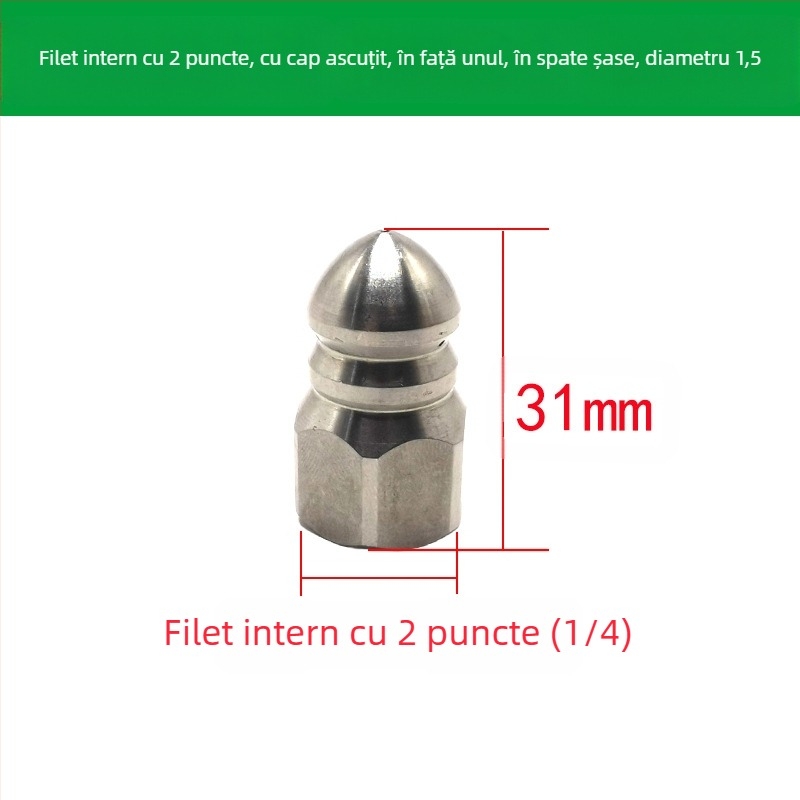 Duza din oțel inoxidabil pentru curățarea conductelor de canalizare, filet interior, 6 găuri, cap de spălare ascuțit