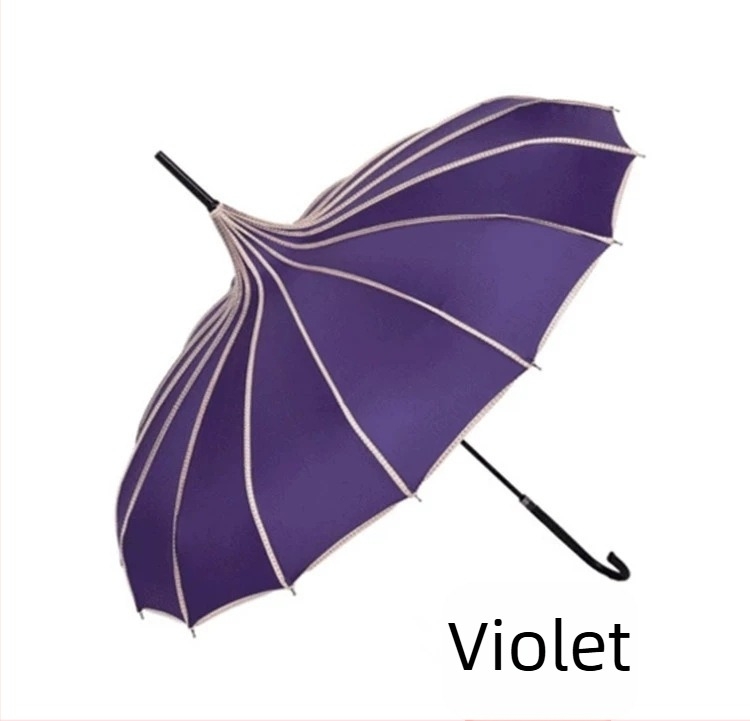 Umbrelă pagodă, ramă din oțel cu 16 arce, tijă lungă și dreaptă, deschidere și închidere manuală, țesătură 190T