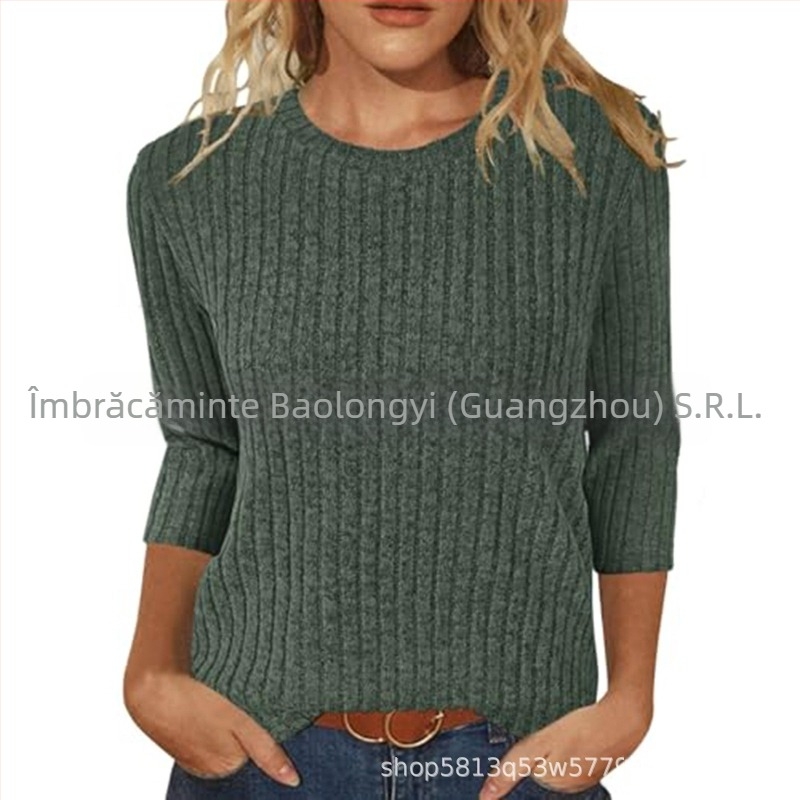 Tricou damă cu guler rotund, mâneci 3/4, culoare solidă, finisaj periat, croială lejeră